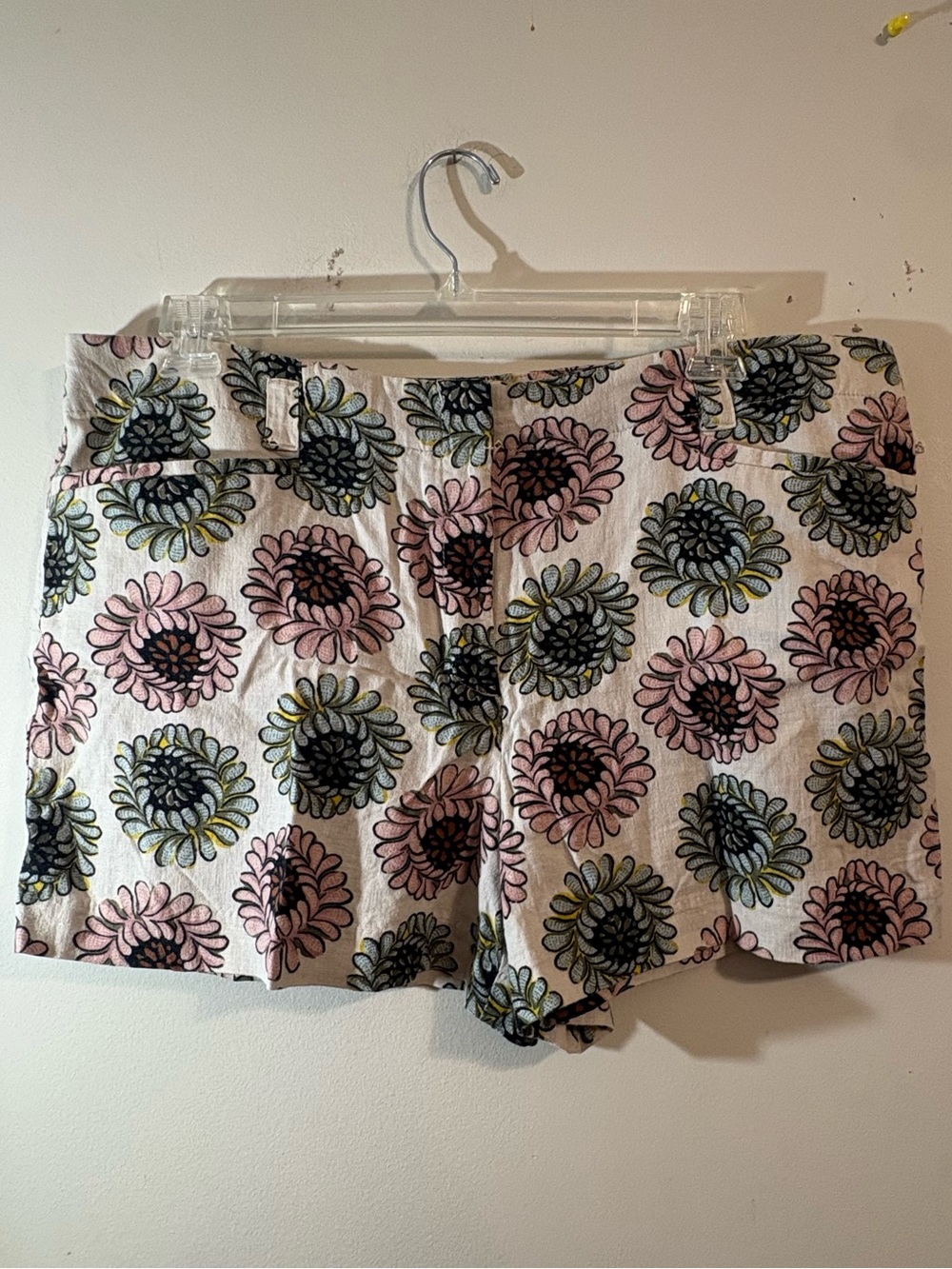 LOFT ivory linen-blend shorts retro floral pink blue green blooms women’s SZ 16